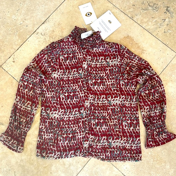 NWT “see iou” Long Sleeve Blouse Size S Warm Rust Red Crème Green Gold Colored - Picture 1 of 14